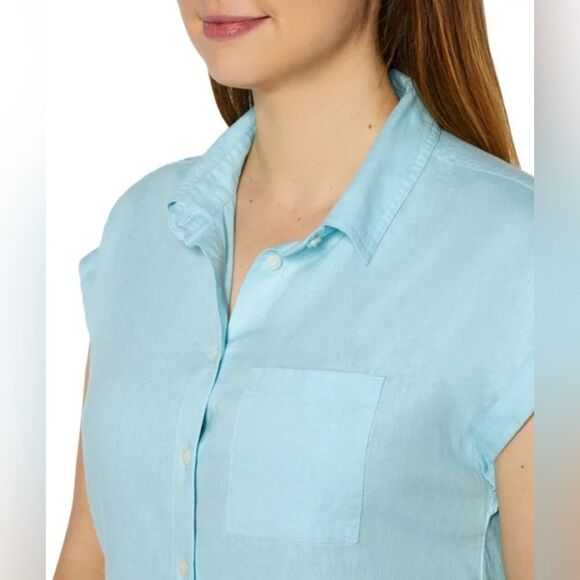 Orvis Ladies' Short Sleeve Linen Blend Shirt Blue Size L 10/12 - Picture 2 of 4